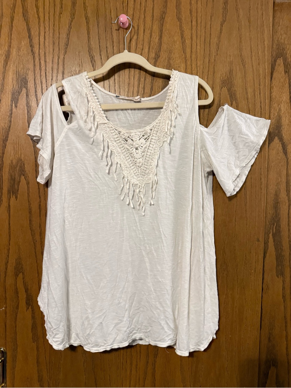 Chelsea & Violet Cream Cold-Shoulder Crochet Fringe Tunic